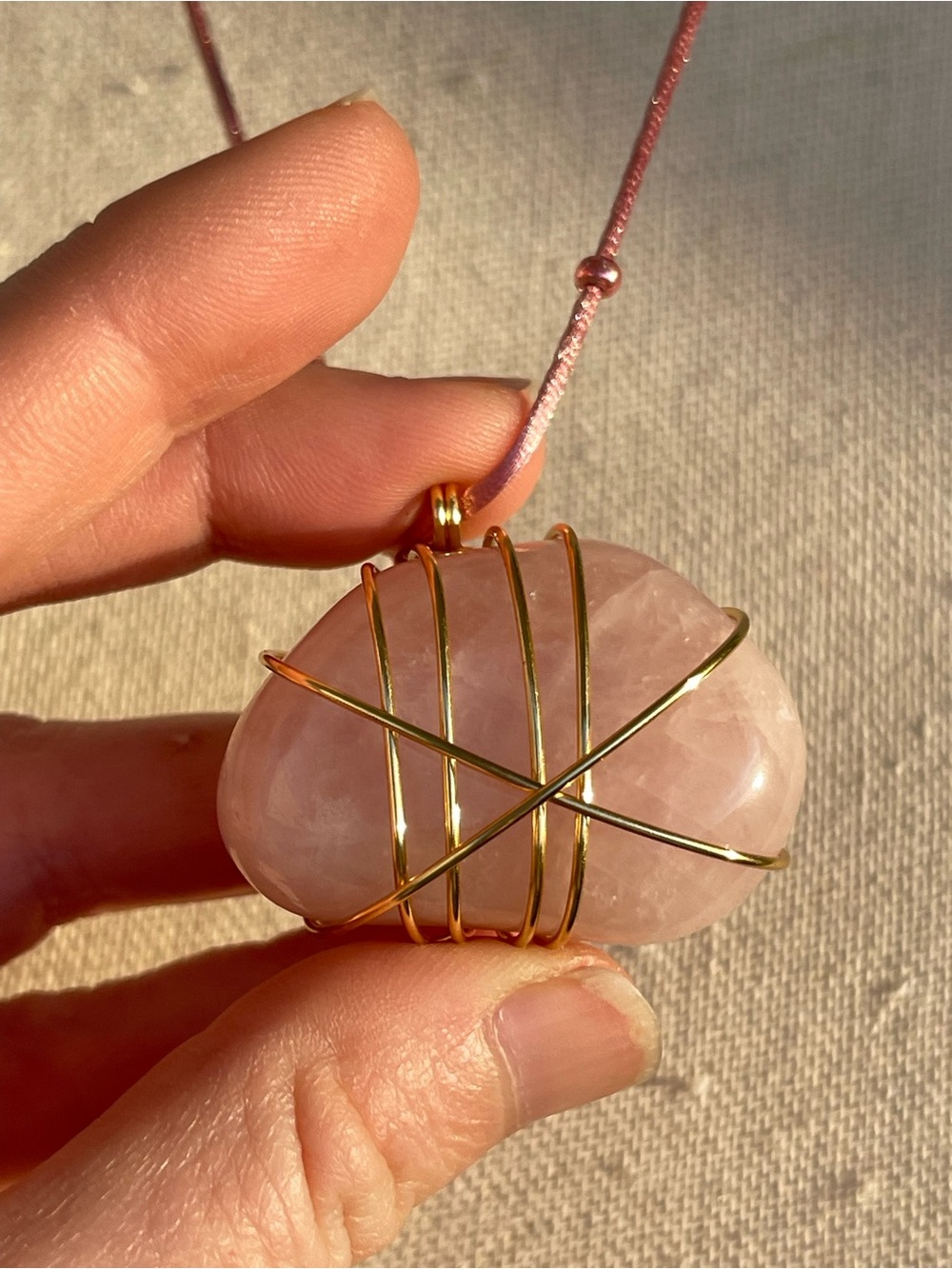 Pink Rose Quartz Pendant Necklace with Gold Wire Wrap on Satin Cord with Beads